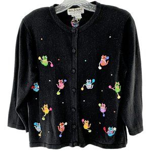 Jack B Quick Black Embroidered Kitty Cardigan Sweater Size Medium Crazy Cat Lady